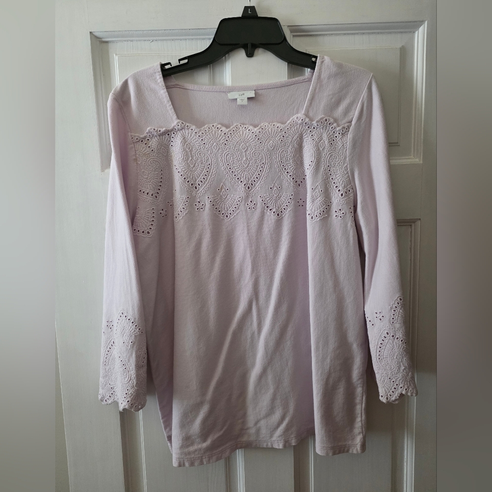 J Jill Lavender Eyelet Heart Lace Trim Top, Sz L